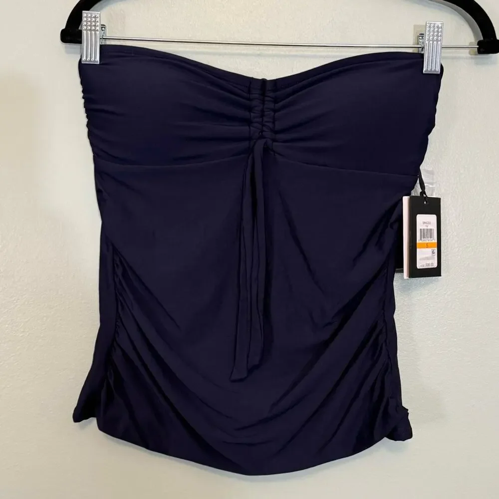 DKNY Women's Navy Bow Tie Cinched Sweetheart Neck Bandeau‎ Tankini Top Small NWT